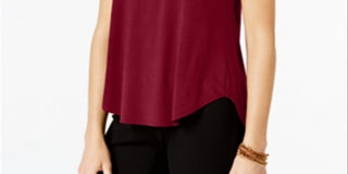 Camiseta feminina Alfani com acabamento em cetim, comprimento alto e baixo, marrom, tamanho pequeno GG