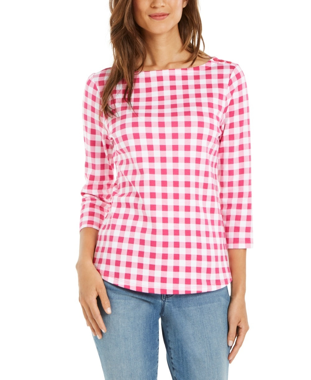 Charter Club Blusa feminina de algodão com estampa xadrez e gola canoa, rosa, tamanho pequeno
