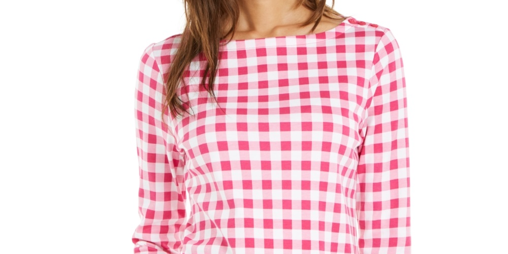 Charter Club Blusa feminina de algodão com estampa xadrez e gola canoa, rosa, tamanho pequeno