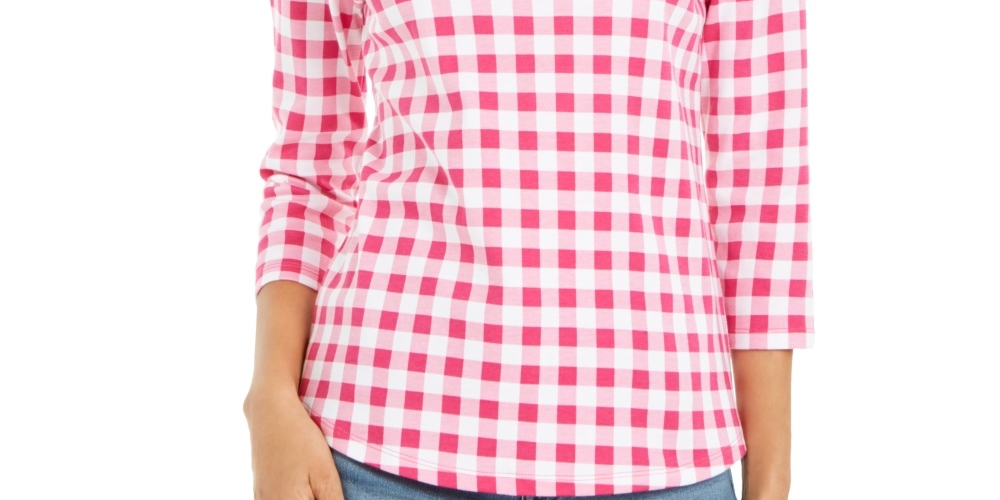 Charter Club Blusa feminina de algodão com estampa xadrez e gola canoa, rosa, tamanho pequeno