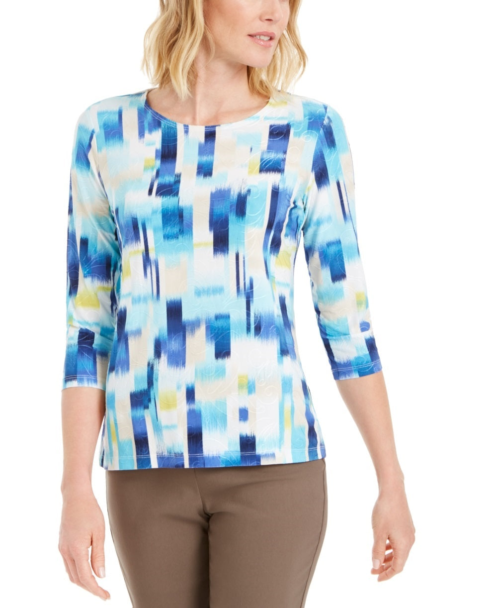 Blusa feminina estampada com manga 3/4 em jacquard azul tamanho pequeno da coleção JM