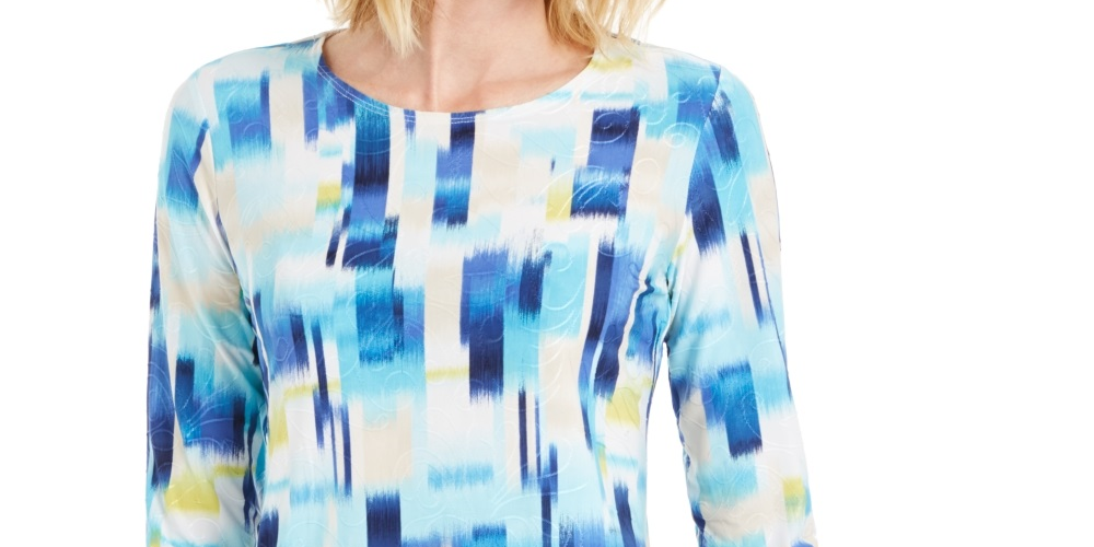 Blusa feminina estampada com manga 3/4 em jacquard azul tamanho pequeno da coleção JM