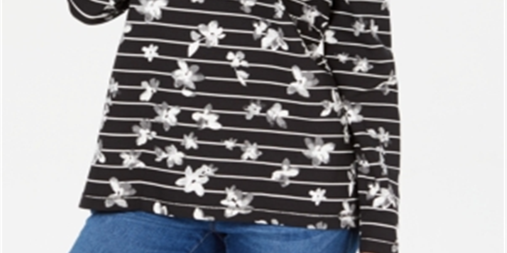 Karen Scott Blusa Feminina Listrada Estampa Floral Gola Funil Preta Tamanho Pequeno G