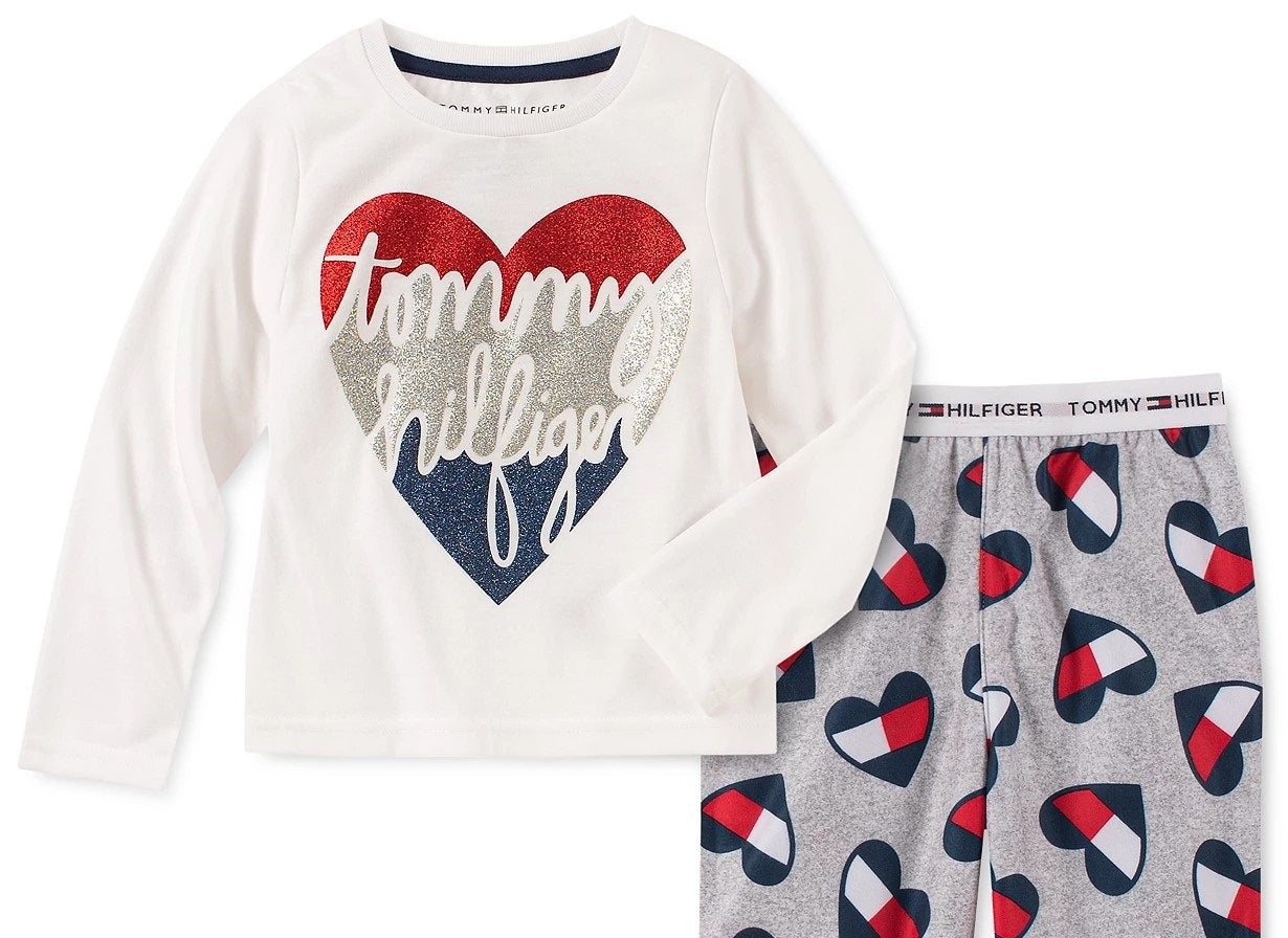Conjunto de pijama Tommy Hilfiger para bebês meninas pequenas e grandes, 2 peças, com estampa de coração, branco, tamanho 6-7