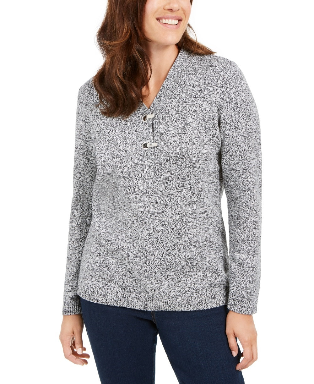 Karen Scott Suéter Henley de algodão com acabamento em ferragens feminino, tamanho natural, pequeno, grande