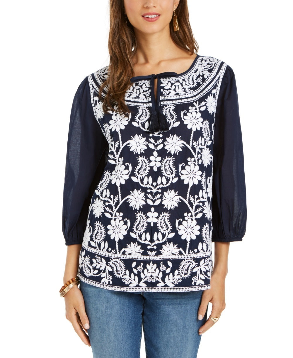 Blusa feminina de algodão estilo camponês, azul-marinho, tamanho médio