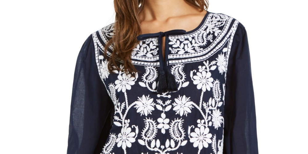 Blusa feminina de algodão estilo camponês, azul-marinho, tamanho médio