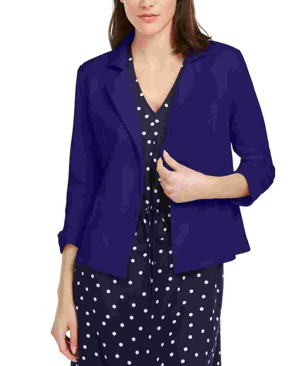 Blazer de malha feminino Maison Jules com manga 3/4, azul-marinho, tamanho médio