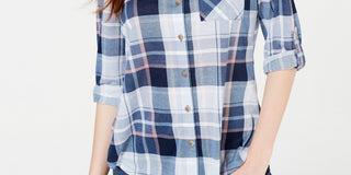 Camisa xadrez com aba dobrada Polly &amp; Esther Juniors Azul, vários tamanhos, pequena