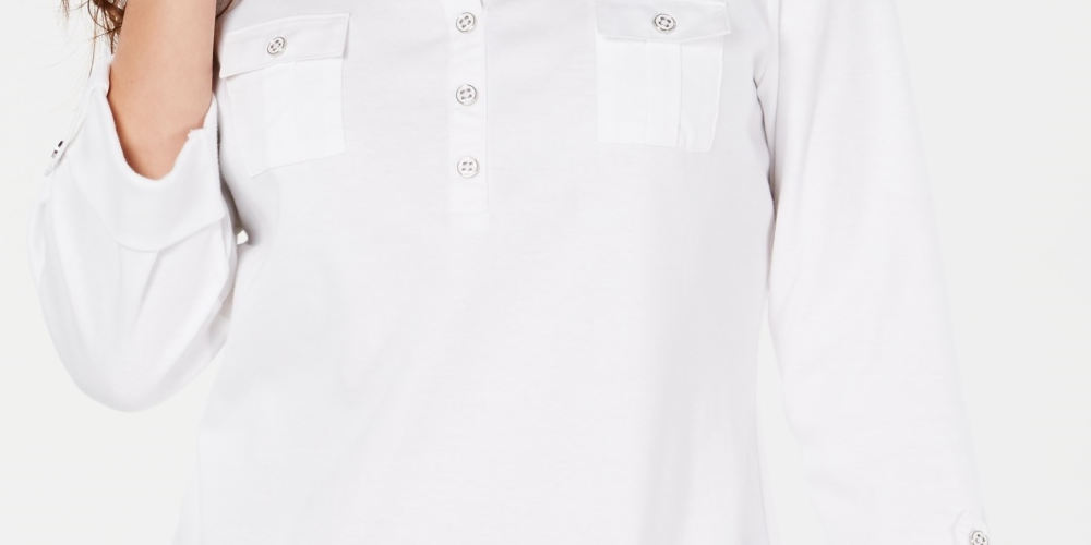 Camisa feminina Karen Scott manga 3/4, branca, tamanho grande