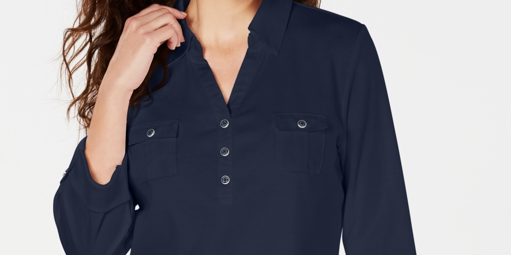 Camisa polo feminina Karen Scott Petite manga 3/4, azul marinho, tamanho pequeno pequeno