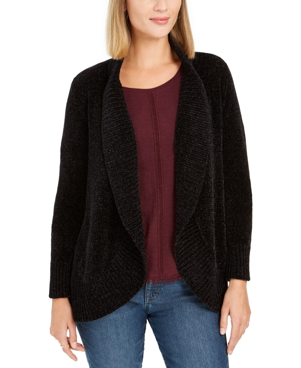 Cardigan feminino estilo &amp; co, pequeno, de chenille, com gola xale, preto, tamanho pequeno