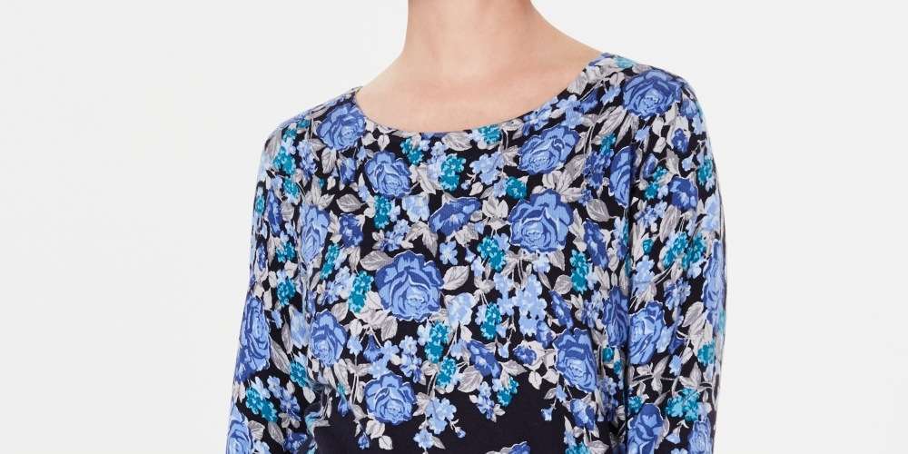 Karen Scott Suéter feminino estampado manga 3/4 azul marinho tamanho pequeno médio