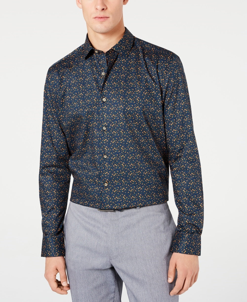 Camisa social masculina Bar III azul marinho, fácil de cuidar, gola slim fit, tamanho 16,5 x 32-33