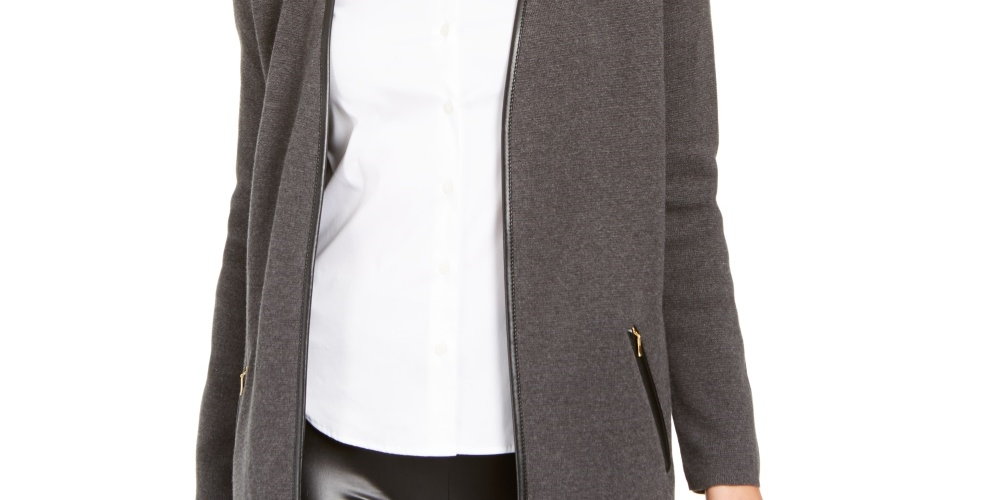 Cardigan feminino Charter Club Milano Cotton com abertura frontal, cinza, tamanho XS