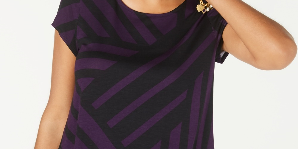 Camiseta feminina Alfani estampada com bainha redonda, roxa, tamanho pequeno