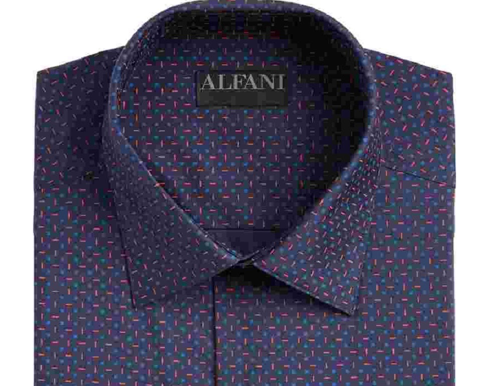 Camisa social masculina Alfani com gola estampada, slim fit, elástica, tamanho azul-marinho, 16,5 x 32-33