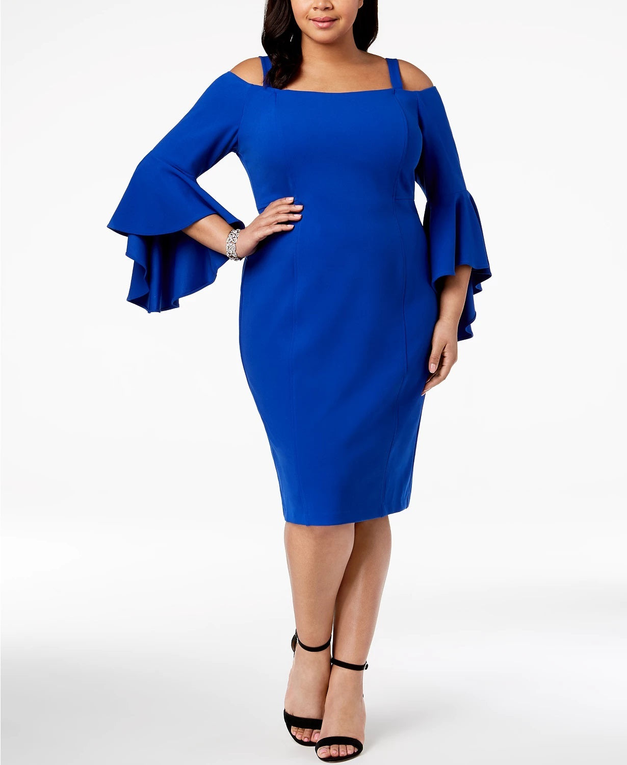 Vestido feminino plus size R &amp; M Richards, ombro de fora, manga flare, azul, tamanho 18W