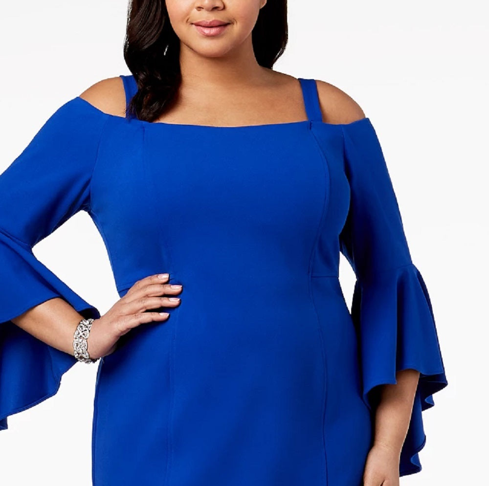 Vestido feminino plus size R &amp; M Richards, ombro de fora, manga flare, azul, tamanho 18W
