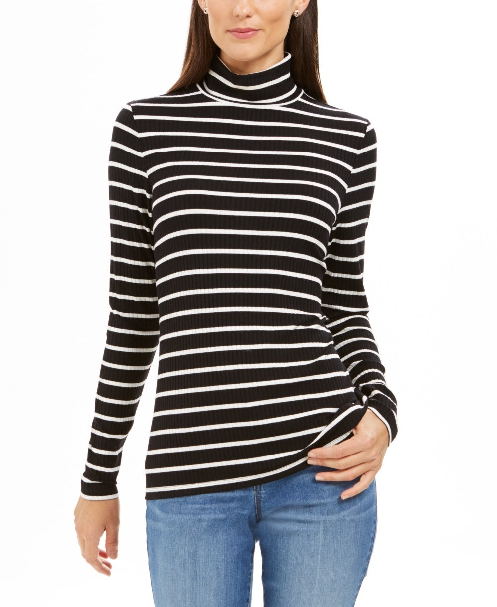 Blusa feminina listrada de gola alta Charter Club, preta, tamanho pequeno