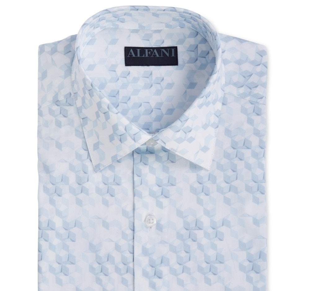 Camisa social masculina estampada com ajuste atlético AlfaTech by Alfani, azul-marinho, 16x34-35