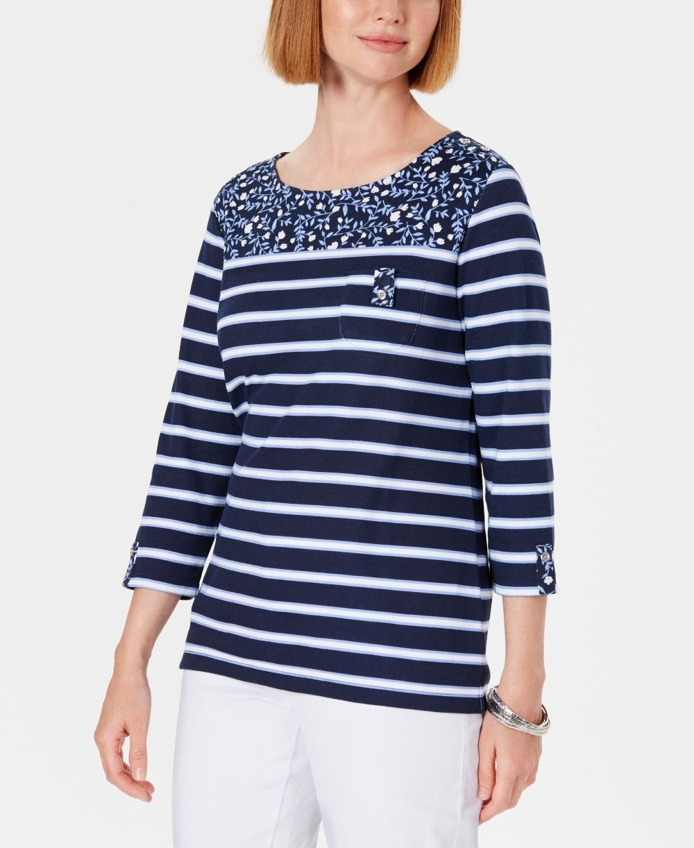 Karen Scott Top feminino pequeno com bolso floral e listrado, azul marinho pequeno pequeno