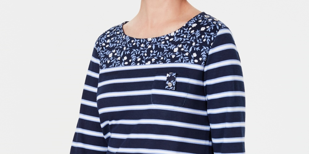 Karen Scott Top feminino pequeno com bolso floral e listrado, azul marinho pequeno pequeno