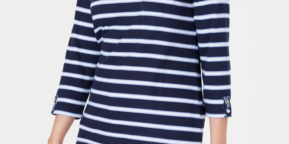 Karen Scott Top feminino pequeno com bolso floral e listrado, azul marinho pequeno pequeno