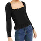 Blusa feminina Bar III com decote quadrado e franzido, preta, tamanho médio