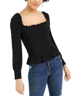 Blusa feminina Bar III com decote quadrado e franzido, preta, tamanho médio