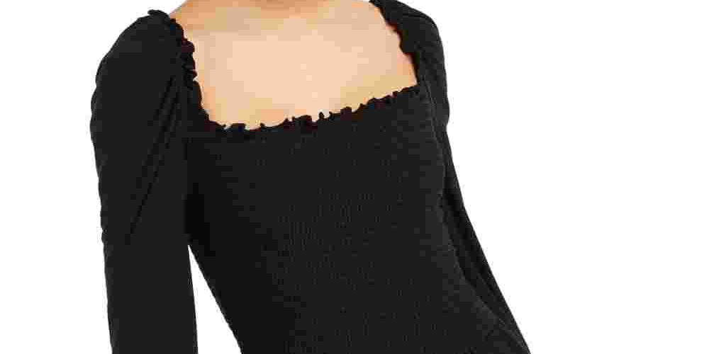 Blusa feminina Bar III com decote quadrado e franzido, preta, tamanho médio