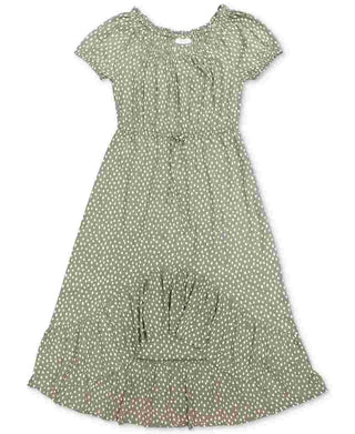 Vestido feminino estilo camponês alto e baixo, verde, tamanho médio