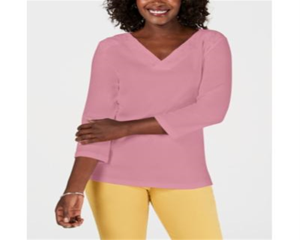 Karen Scott Blusa feminina de algodão com decote em V e ilhós, rosa, tamanho pequeno GG