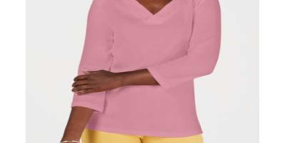 Karen Scott Blusa feminina de algodão com decote em V e ilhós, rosa, tamanho pequeno GG
