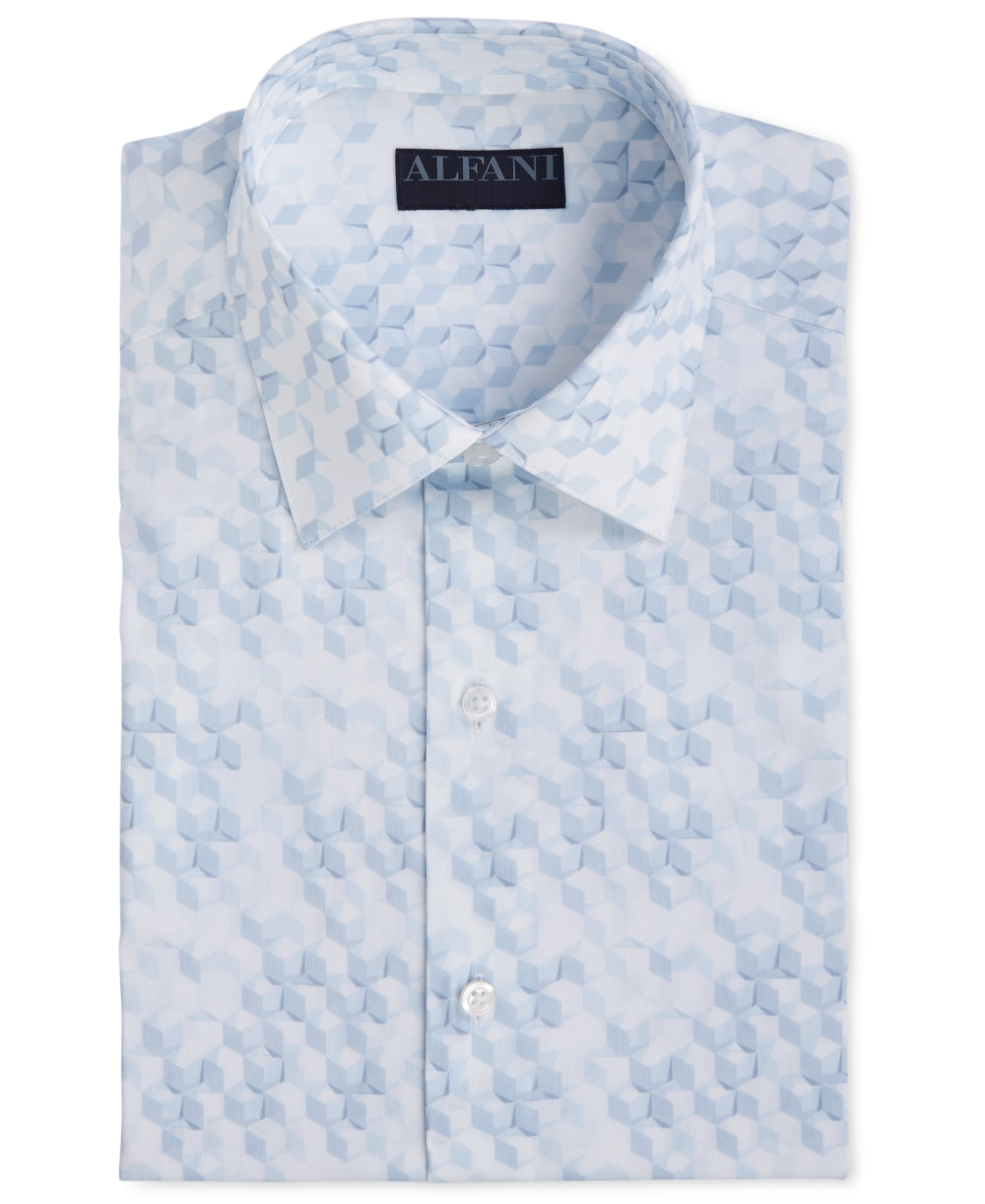 Camisa social masculina Alfani Classic Light com estampa geométrica azul, tamanho 14X14