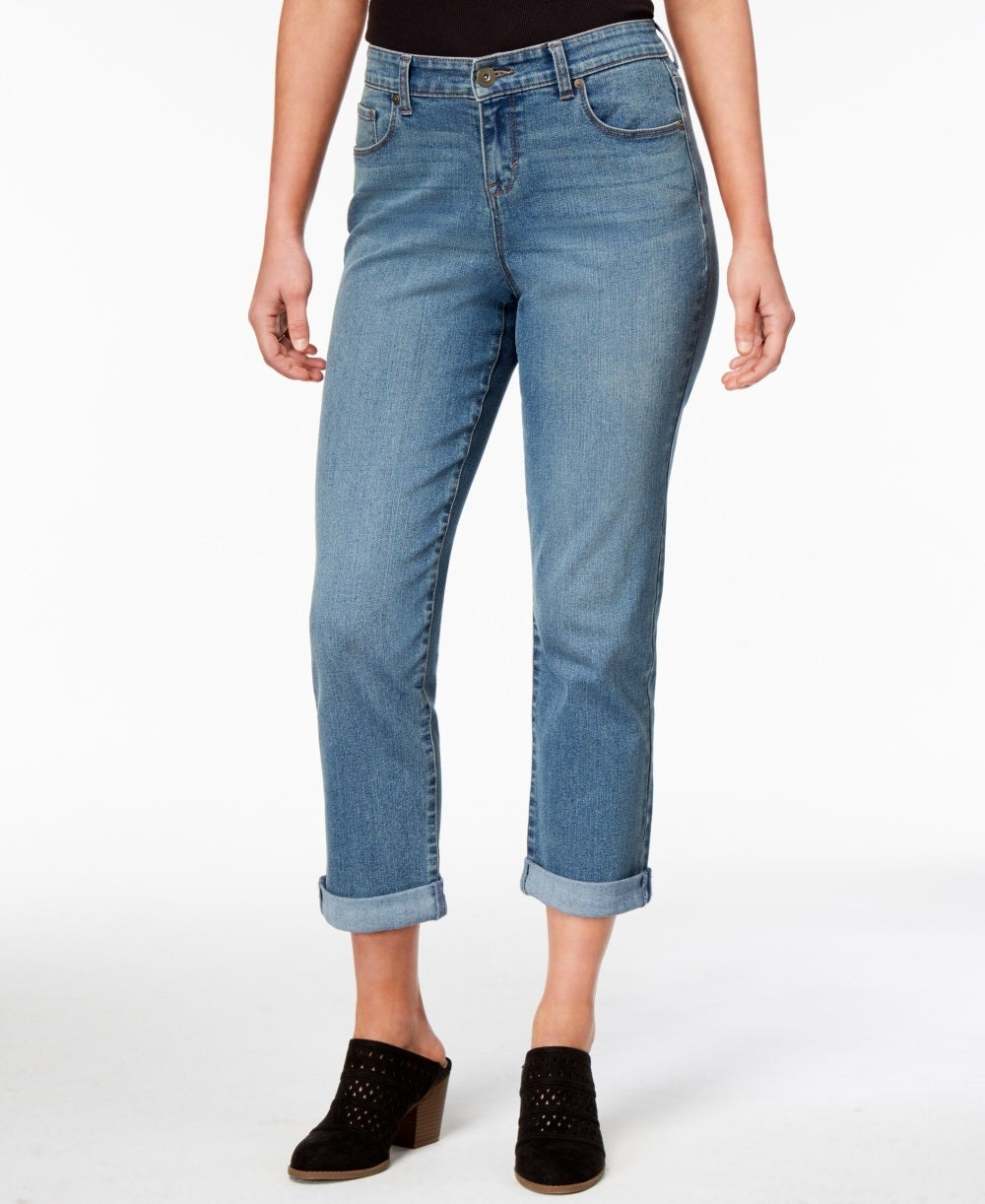 Calça jeans estilo boyfriend feminina estilo curvy fit azul tamanho 4 petite