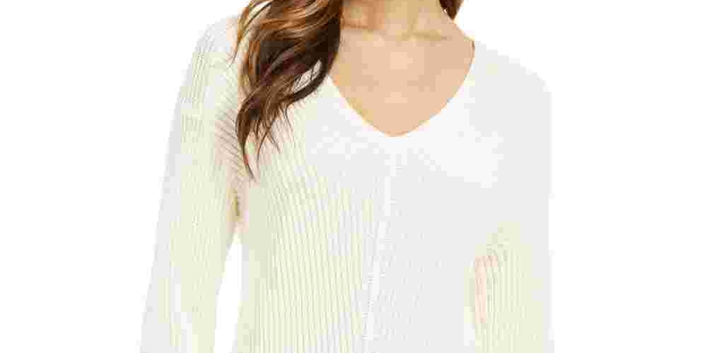 Blusa feminina Charter Club com estampa marfim, manga comprida, gola V, suéter, tamanho pequeno, extragrande