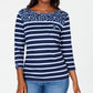 Karen Scott Sport Floral Yoke Listrado Top Feminino Azul Tamanho P