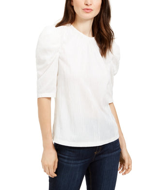 Blusa feminina Leyden de veludo amassado com manga bufante, branca, tamanho extragrande