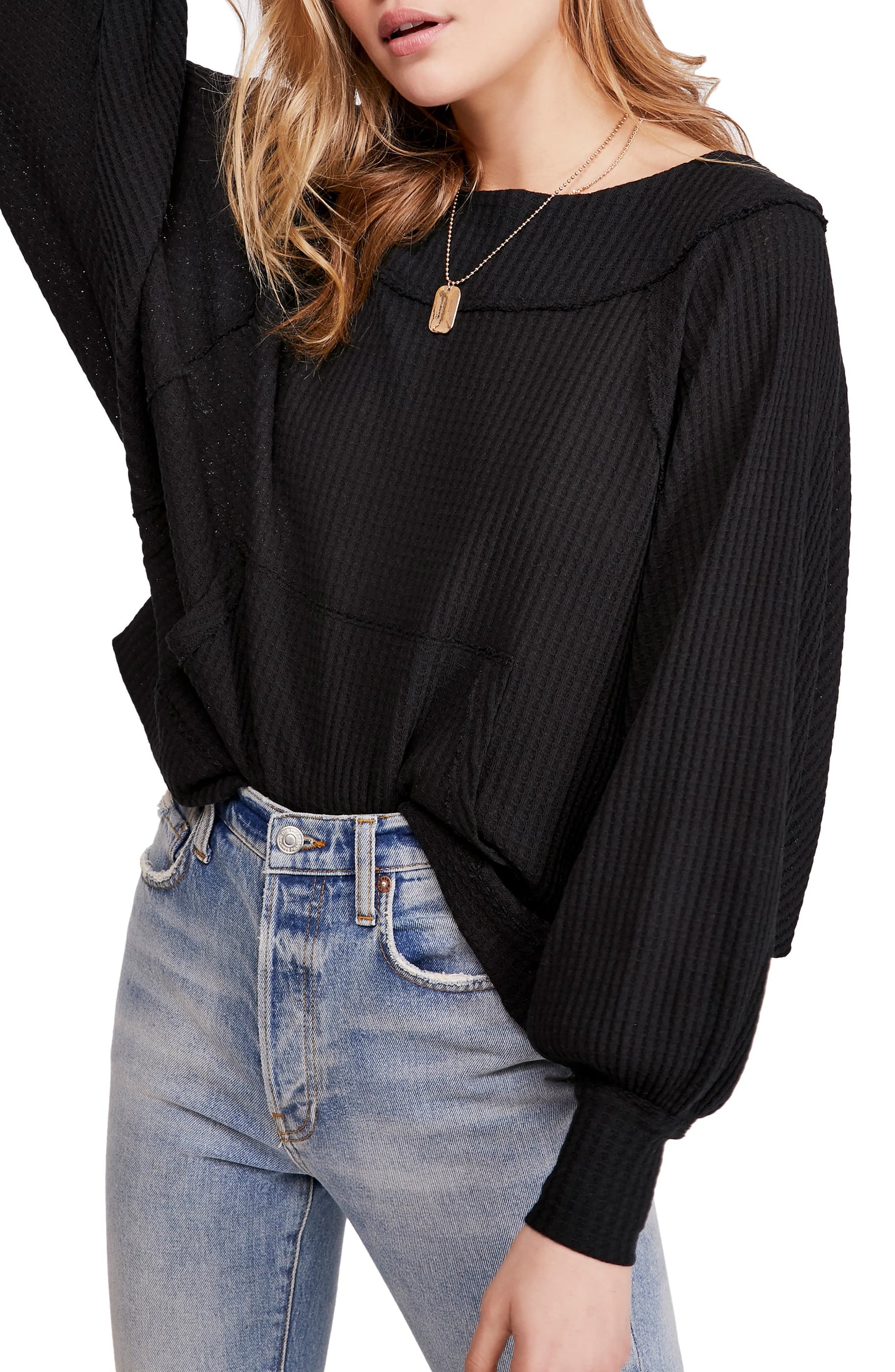 Blusa térmica feminina Free People Westend preta, tamanho médio