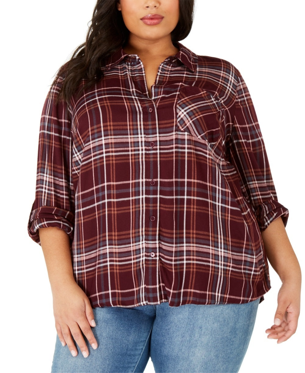 Camisa utilitária xadrez plus size feminina Style &amp; Co, roxa, tamanho 0X