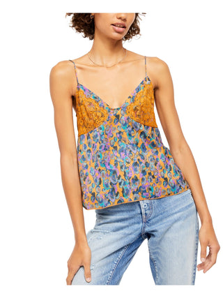 Regata feminina com estampa de renda e alças finas, decote em V, tamanho dourado extrapequeno