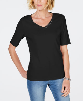 Camiseta feminina Karen Scott de algodão com strass e gola redonda, preta, tamanho médio