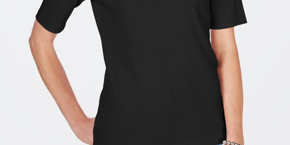 Camiseta feminina Karen Scott de algodão com strass e gola redonda, preta, tamanho médio