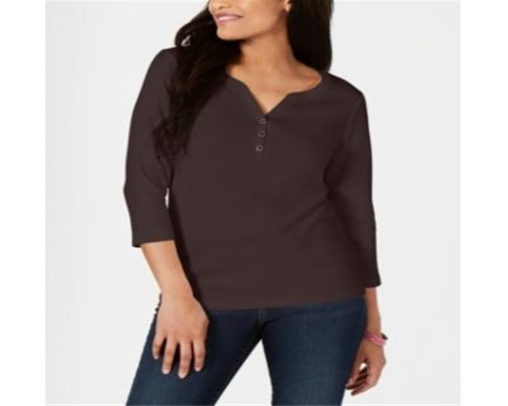 Karen Scott Top Henley de Algodão Feminino Chocolate Tamanho Grande