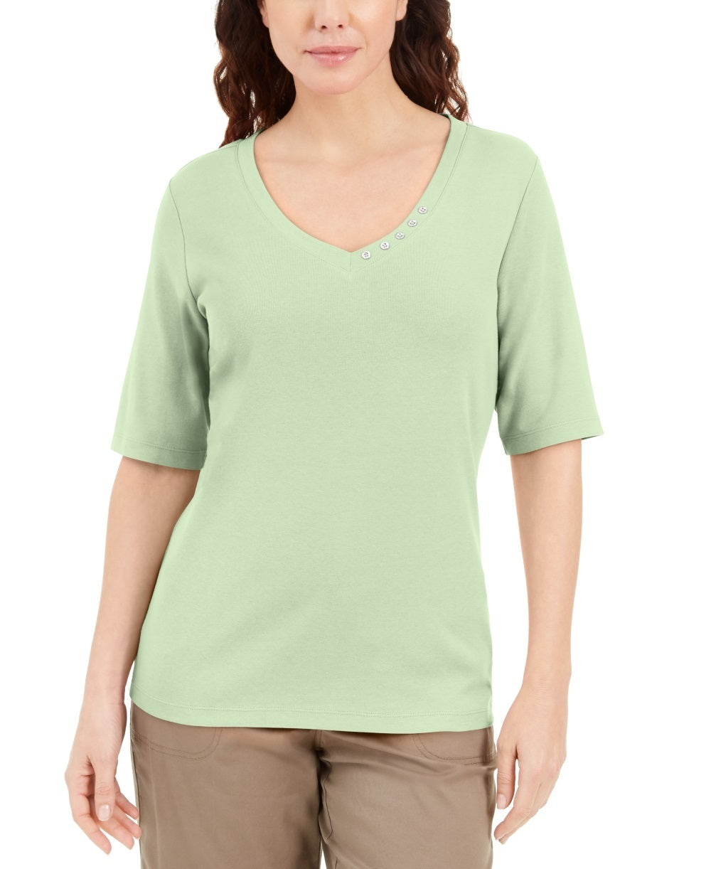 Blusa feminina Karen Scott com decote em V e detalhe de botão, verde, tamanho pequeno