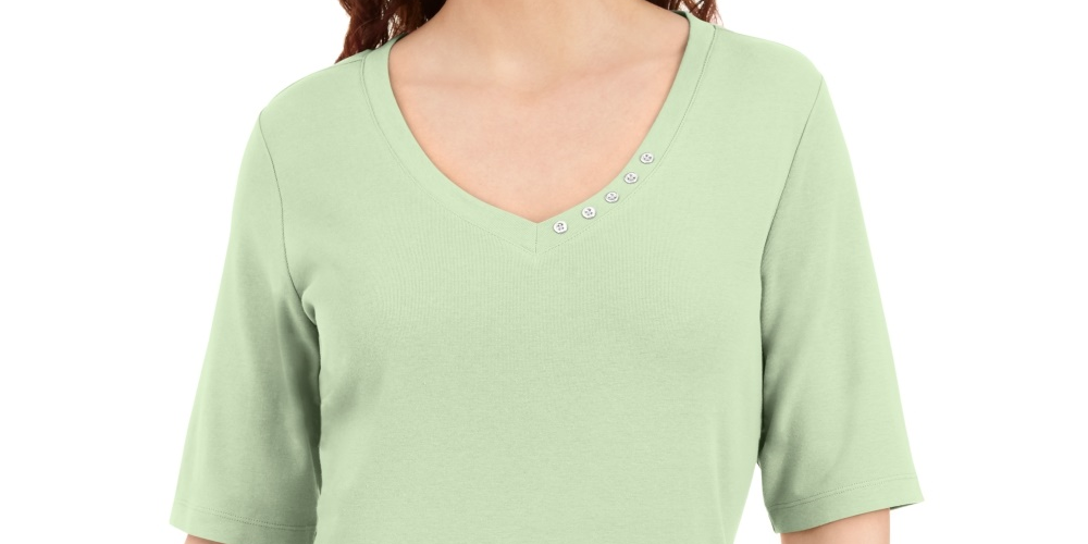 Blusa feminina Karen Scott com decote em V e detalhe de botão, verde, tamanho pequeno