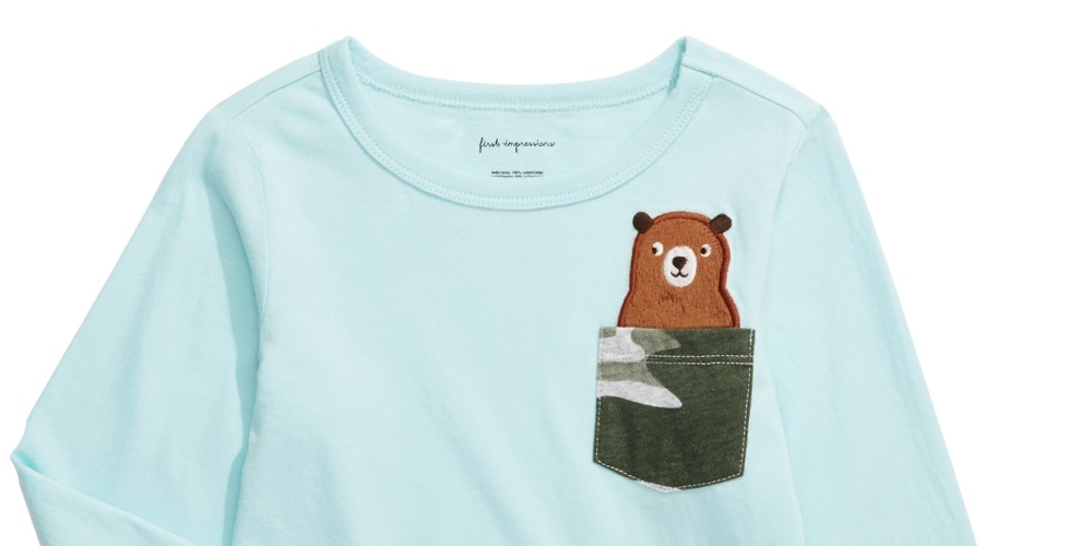 Camiseta infantil First Impressions de algodão com bolso e ursinho de pelúcia, tamanho 18, azul