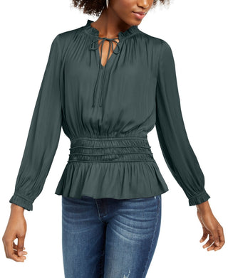 Current Air Women's Shirred Waist Split Neck Top Green Size Medium