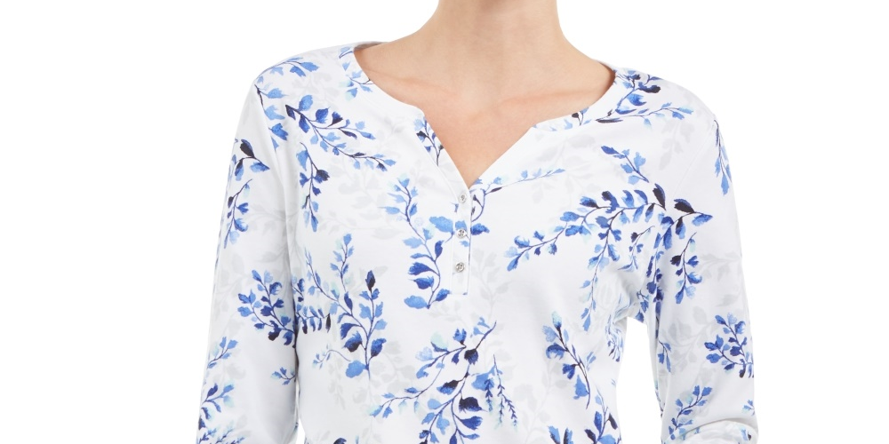 Karen Scott Top Henley Estampado Feminino Azul Tamanho X-S